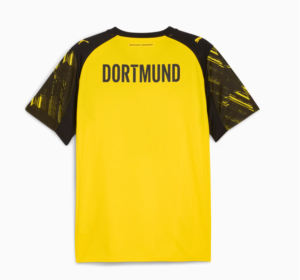 Borussia Dortmund home soccer jersey, yellow body with black patterned sleeves, back reads 'DORTMUND'.