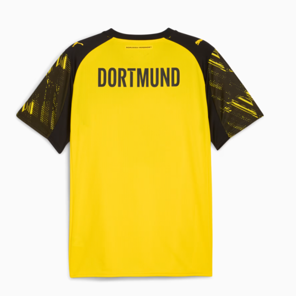 Borussia Dortmund home soccer jersey, yellow body with black patterned sleeves, back reads 'DORTMUND'.