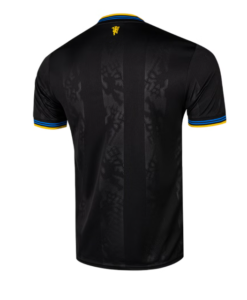 Back view of a black athletic jersey with faint vertical stripes, blue and yellow trim on the sleeves and collar, and a small crest near the neckline.