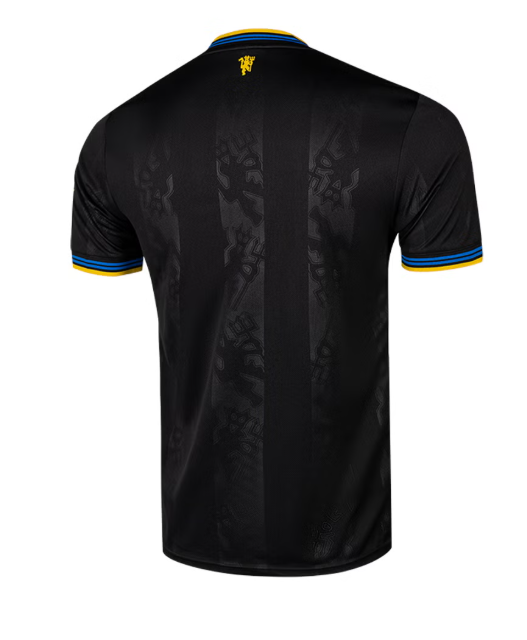 Back view of a black athletic jersey with faint vertical stripes, blue and yellow trim on the sleeves and collar, and a small crest near the neckline.