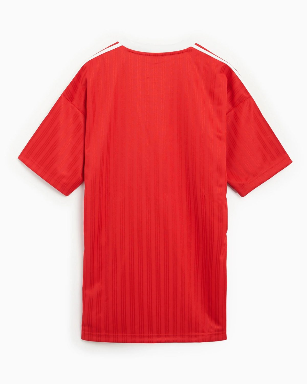 Red short-sleeve dress seen from the back, with subtle vertical stripes and white stripe detail along the shoulders.