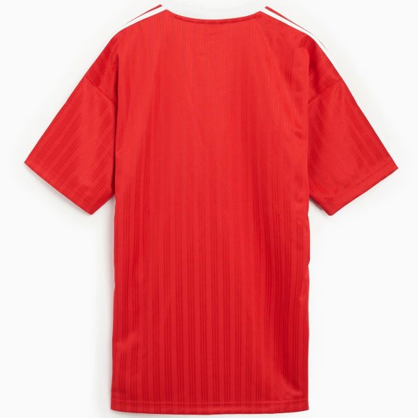 Red short-sleeve dress seen from the back, with subtle vertical stripes and white stripe detail along the shoulders.