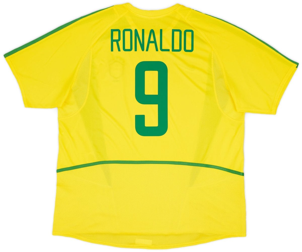 Yellow sports jersey back with the name 'RONALDO' and a large green number 9 on bright fabric.