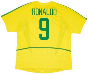 Yellow sports jersey back with the name 'RONALDO' and a large green number 9 on bright fabric.