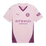 Front view of a pink Girona FC soccer jersey with purple accents, Etihad Airways sponsor, and Puma logos on sleeves and chest.