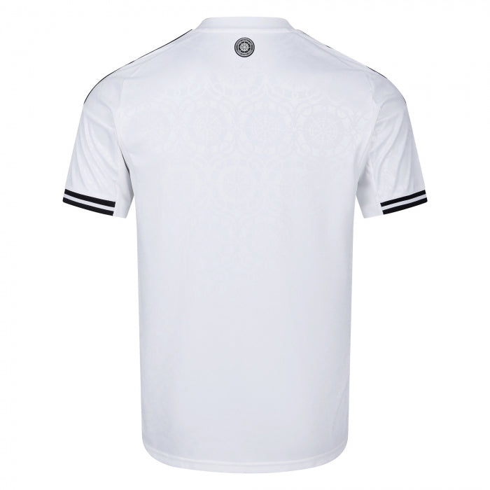 t89 | UAE SPORT STORE White short-sleeve sports jersey shown from the back with black striped cuffs and a subtle pattern near the shoulders, circular logo at the upper center back.