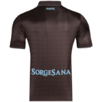 tj_c1852b4b-a46b-4153-9534-72ca98d7f0d5 | UAE SPORT STORE Back view of a dark brown soccer jersey with a subtle vertical pattern, featuring light blue sponsor text 'SORGESANA' across the lower back and a small Napoli logo at the neck.