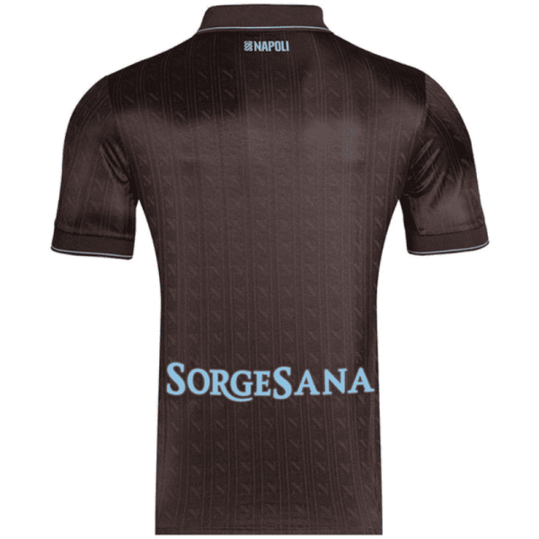 Back view of a dark brown soccer jersey with a subtle vertical pattern, featuring light blue sponsor text 'SORGESANA' across the lower back and a small Napoli logo at the neck.