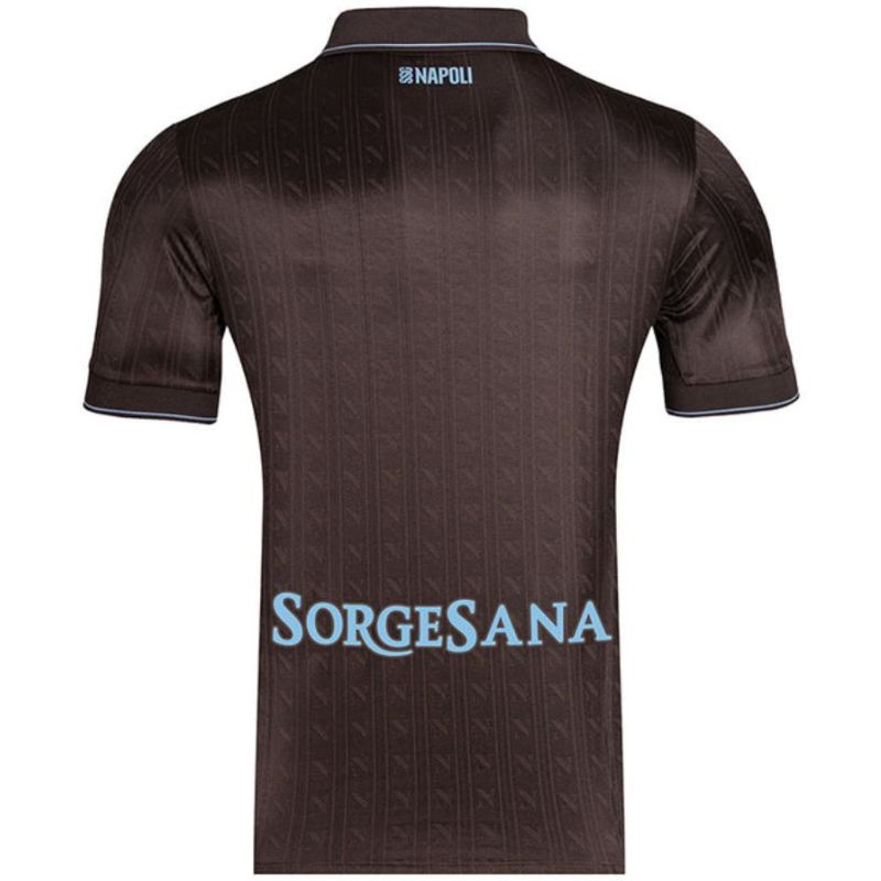 tj_c1852b4b-a46b-4153-9534-72ca98d7f0d5 | UAE SPORT STORE Back view of a dark brown soccer jersey with a subtle vertical pattern, featuring light blue sponsor text 'SORGESANA' across the lower back and a small Napoli logo at the neck.