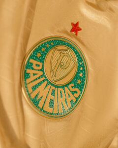 Circular teal badge with the word PAWNEIRAS in gold on a beige fabric, featuring a shield emblem; a small red star sits above the badge.