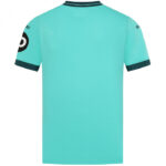 Back view of a turquoise short-sleeve shirt with dark collar and sleeve cuffs; circular logo on the left sleeve.