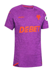 Purple patterned short-sleeve sports jersey with orange DEBET logo and orange wolf crest on the chest.