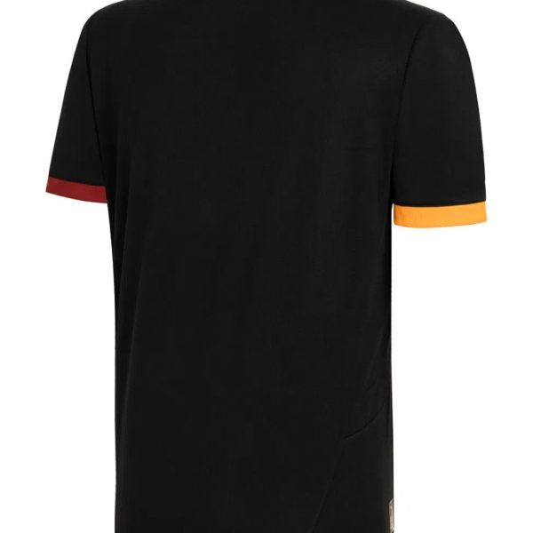 Back view of a black short-sleeve T-shirt with red cuff on the left sleeve and orange cuff on the right sleeve.