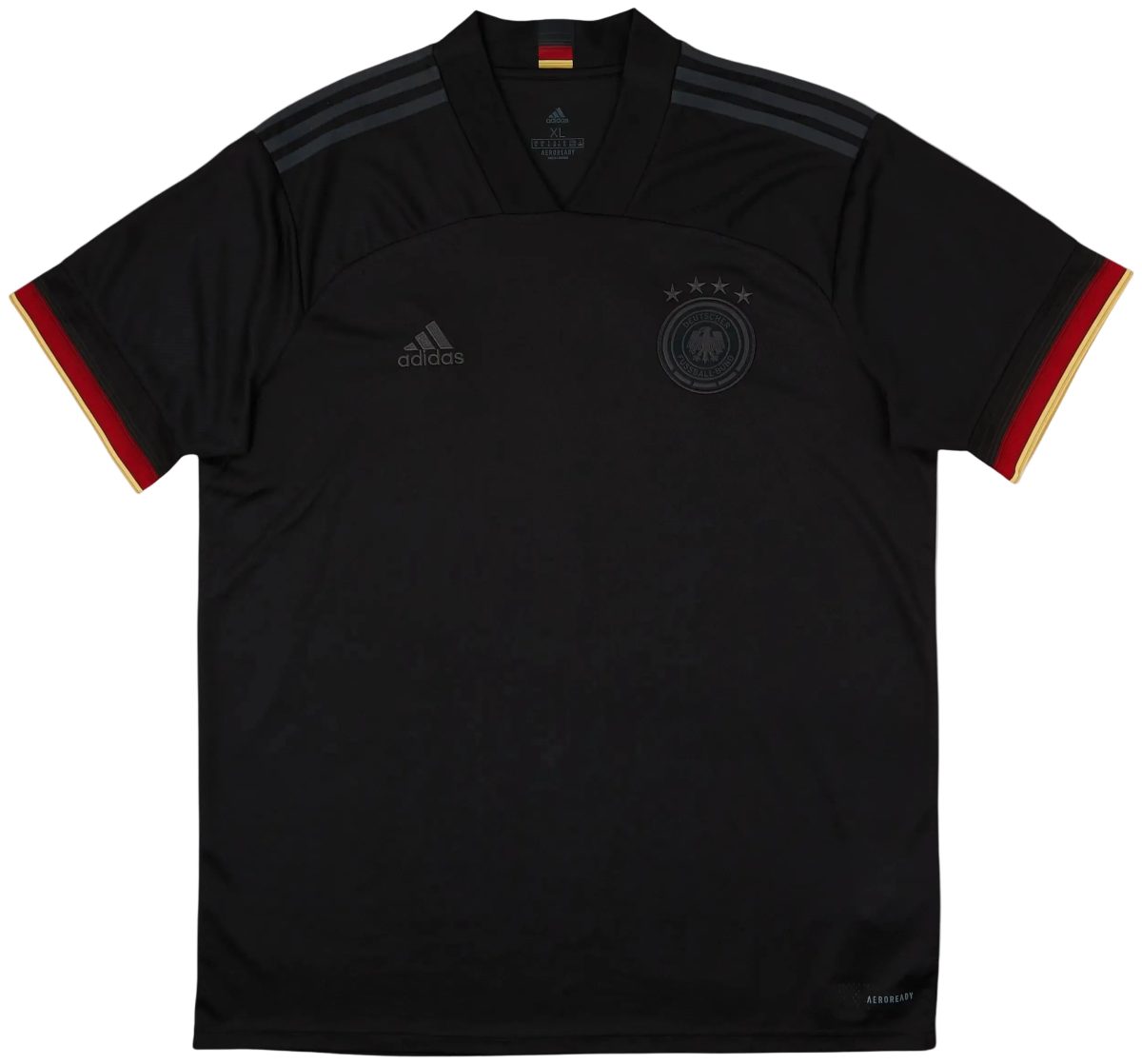 Black German national team polo with dark gray shoulder stripes, crest with stars, Adidas logo, and red-gold sleeve trim.