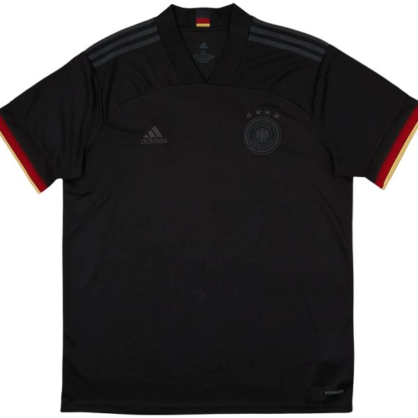 Black German national team polo with dark gray shoulder stripes, crest with stars, Adidas logo, and red-gold sleeve trim.