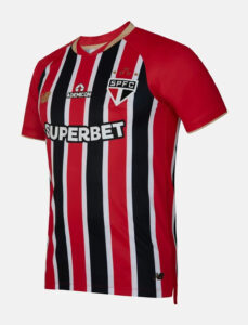 Red, black and white striped São Paulo FC soccer jersey with Superbet sponsor and crest (front view).