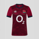 Maroon England rugby jersey with rose crest, Umbro logo, and large O2 sponsor on front