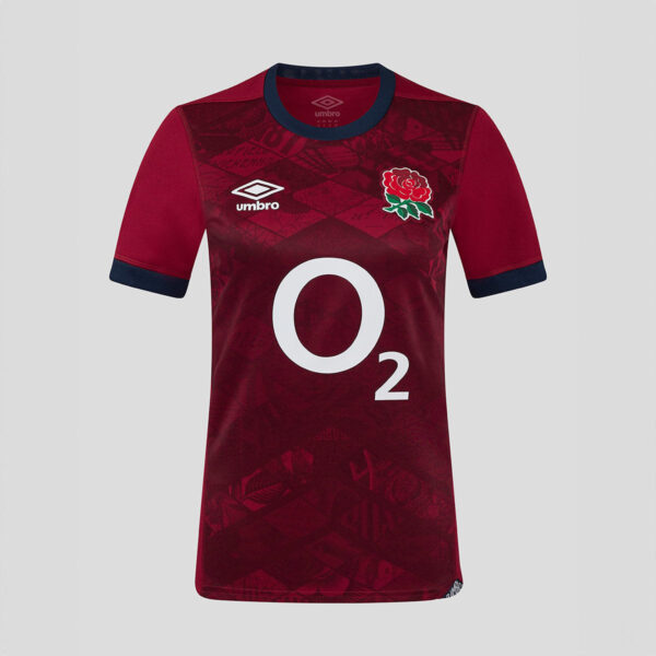 Maroon England rugby jersey with rose crest, Umbro logo, and large O2 sponsor on front