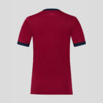Back view of a red polo shirt with navy collar and navy cuffs on the sleeves, shown against a light gray background.