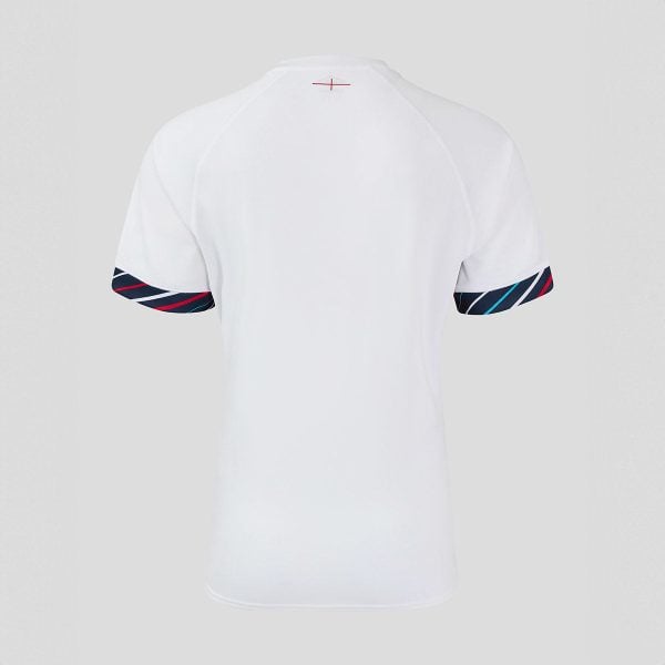 Back view of a plain white short-sleeve T-shirt with striped navy, teal, and red cuff trim on each sleeve