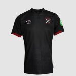 Black West Ham United football jersey with Umbro logo and club crest, red sleeve cuffs, and a green sleeve patch on the right.