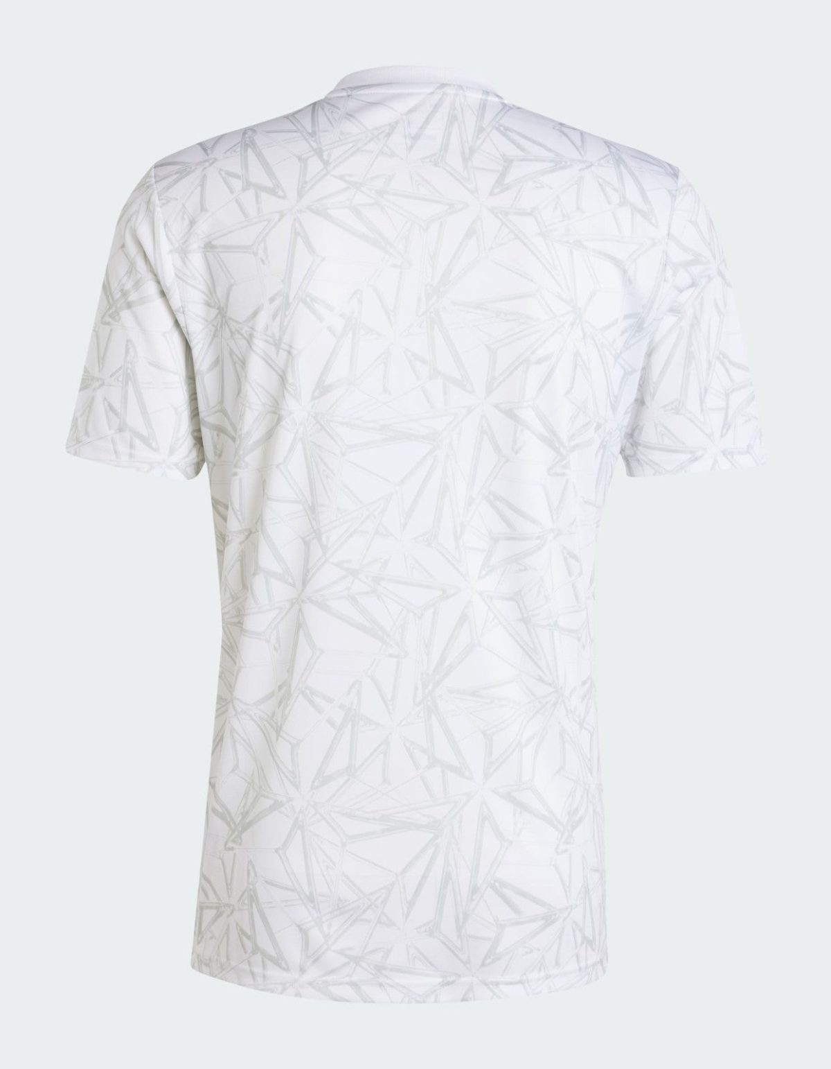 Back view of a white polo shirt with a pale gray abstract geometric line pattern.
