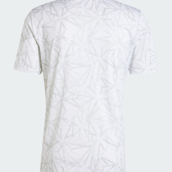 Back view of a white polo shirt with a pale gray abstract geometric line pattern.
