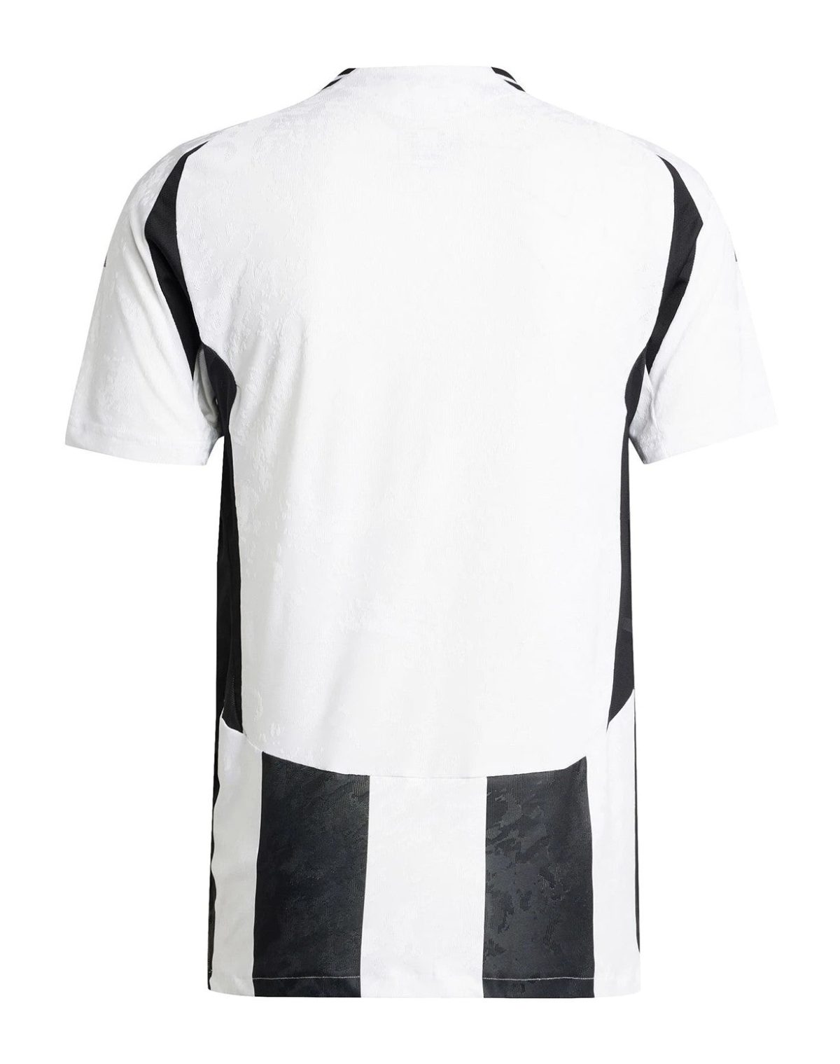 Back view of a white T-shirt with bold black vertical panels along the sides and hem detail.