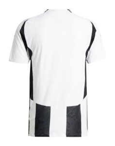 Back view of a white T-shirt with bold black vertical panels along the sides and hem detail.