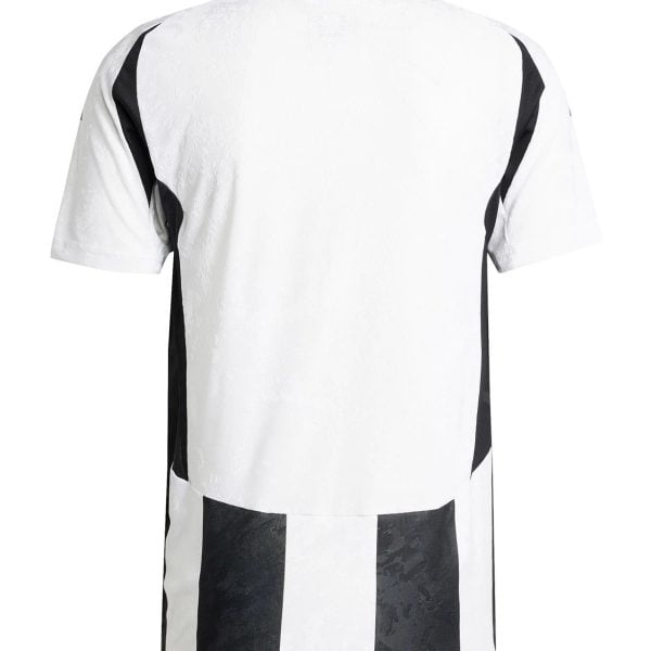 Back view of a white T-shirt with bold black vertical panels along the sides and hem detail.