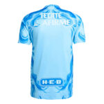 Back view of a light blue graphic sports jersey with white text on the upper back and an H-E-B logo at the bottom.