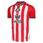 Red-and-white striped soccer jersey with club crest, sponsor 'W88' across the chest, and Hummel logo; quarter-length sleeves with black trim.