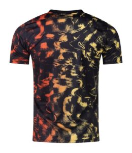 Back view of a black T-shirt with orange and yellow abstract splash pattern