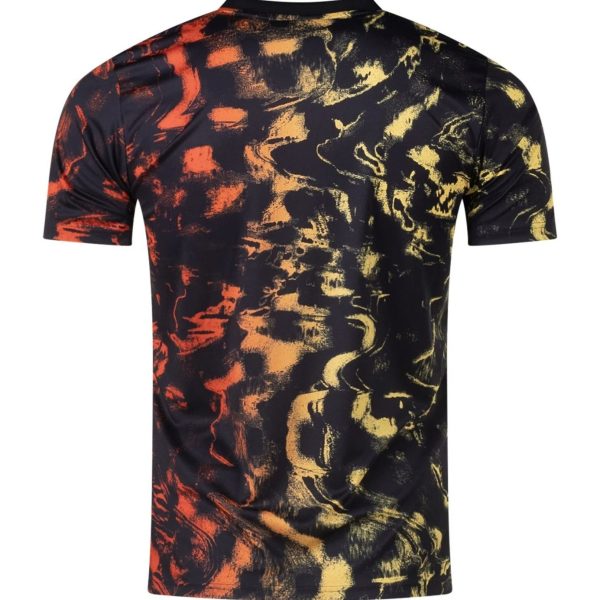 Back view of a black T-shirt with orange and yellow abstract splash pattern