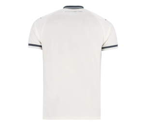 Back view of a white polo shirt with navy trim on the collar and sleeve cuffs; small text near the neck is visible in black.