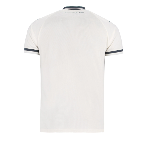 Back view of a white polo shirt with navy trim on the collar and sleeve cuffs; small text near the neck is visible in black.