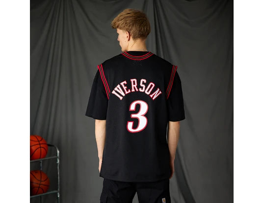 width_538_height_415_quality_90_fit_pad_format_webp_1 | UAE SPORT STORE Back view of a person wearing a black basketball jersey with 'IVerson' and the number 3; basketballs on a rack to the left.
