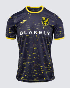 Navy soccer jersey with yellow speckled pattern, yellow trim, crest on the left chest and 'BLAKELY' across the front.