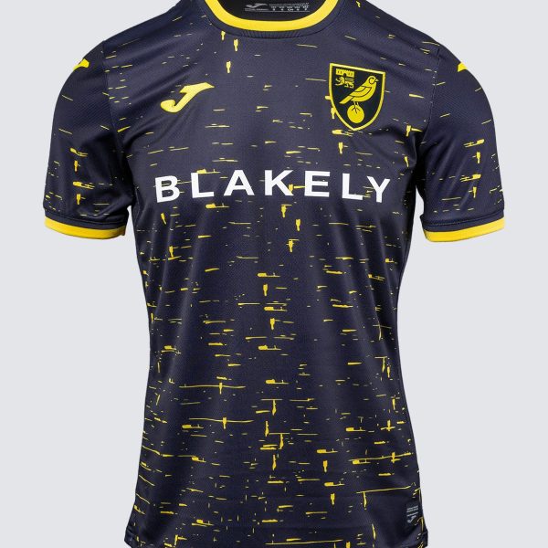 Navy soccer jersey with yellow speckled pattern, yellow trim, crest on the left chest and 'BLAKELY' across the front.