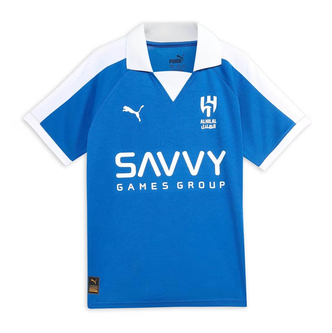 x93rgVAJJ5Fm80M Blue soccer jersey with white collar and sleeve trim, featuring Puma logo, Al Hilal crest, and SAVVY Games Group sponsor.