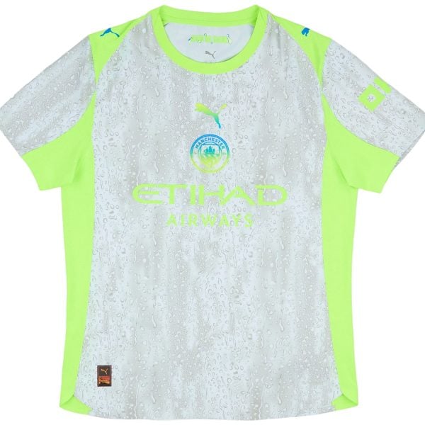 Manchester City football jersey in gray with neon lime panels and water-drop pattern, featuring the club crest and Puma logos on the chest and sleeves and Etihad Airways text partially visible.