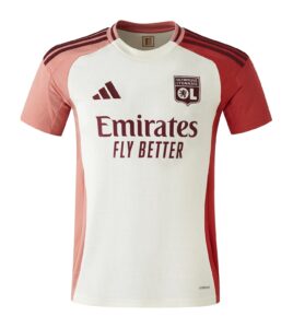 Soccer jersey in white with pink sleeves, featuring the Olympique Lyonnais crest and the Emirates Fly Better sponsor text.