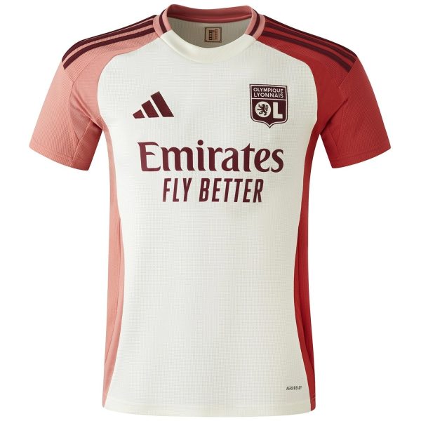 Soccer jersey in white with pink sleeves, featuring the Olympique Lyonnais crest and the Emirates Fly Better sponsor text.
