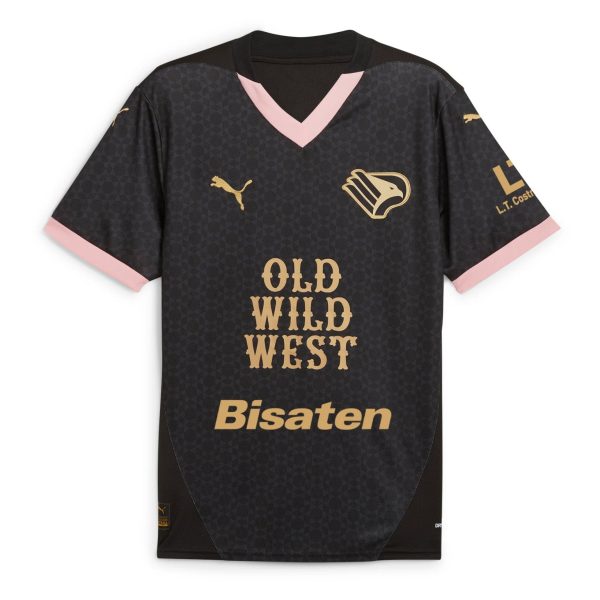 Black sports jersey with pink V-neck and pink sleeve cuffs, subtle geometric pattern, gold logo of a bird on the chest, and the words 'OLD WILD WEST' in gold across the front.