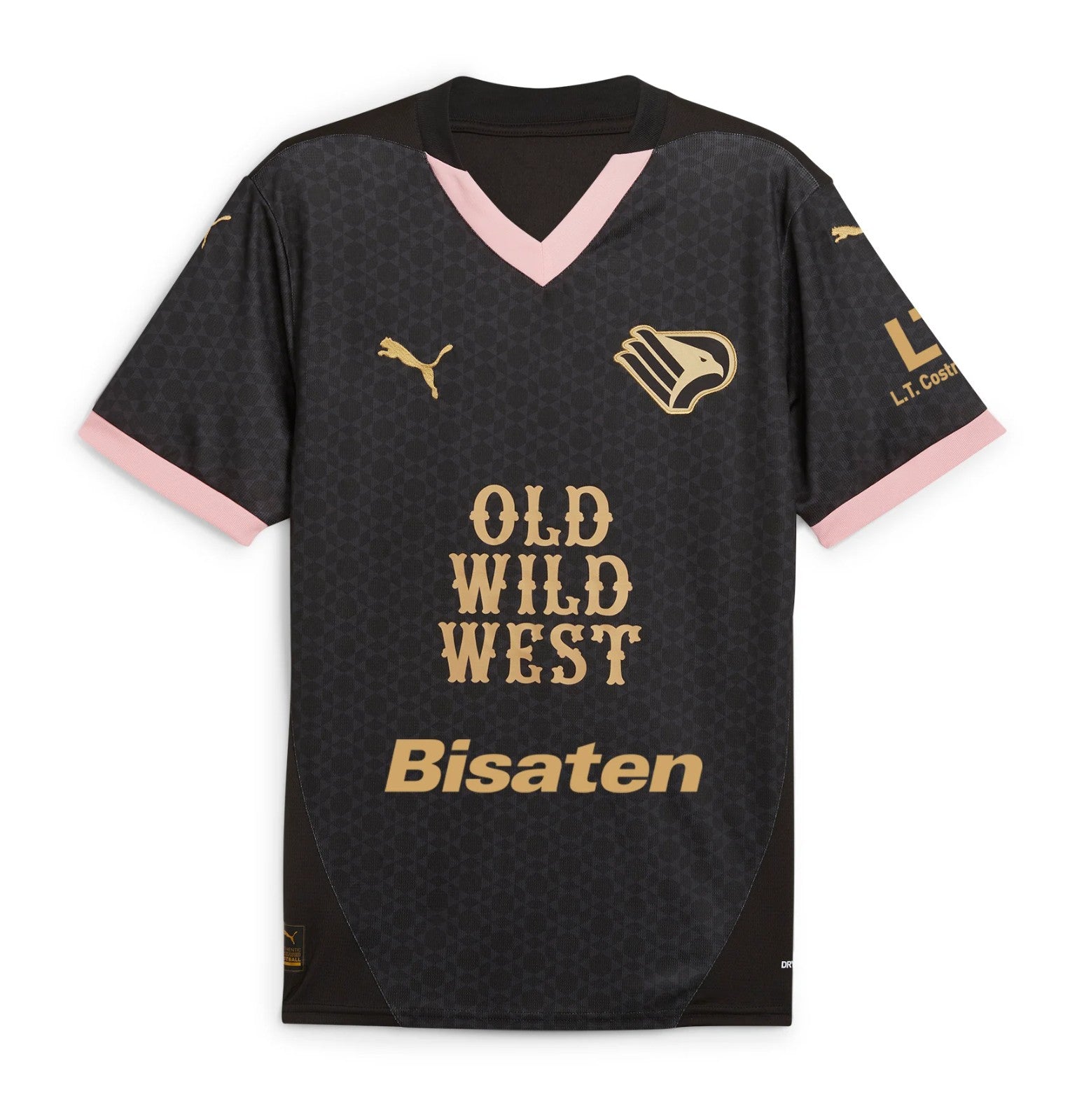 xsfcMNkBJql8j3X Black sports jersey with pink V-neck and pink sleeve cuffs, subtle geometric pattern, gold logo of a bird on the chest, and the words 'OLD WILD WEST' in gold across the front.