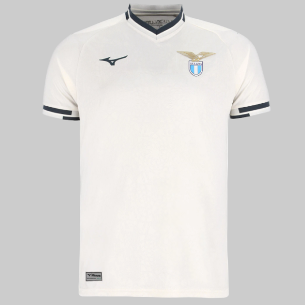White soccer jersey with dark trim on collar and sleeves, left chest crest with a golden eagle on a blue shield, and a black Mizuno logo on the right chest.