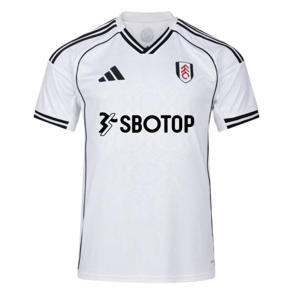 White soccer jersey with black piping along the shoulders and sleeves, crest on the left chest and SBOTOP sponsor logo in the center