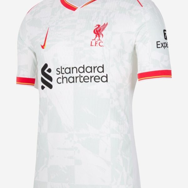 White Liverpool FC away jersey with red crest, Nike swoosh, and Standard Chartered sponsor logo on front.