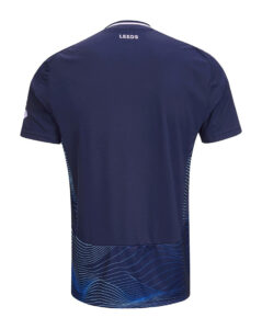 Back view of a navy blue sports jersey with the word 'LEEDS' near the neck and light blue wave pattern along the hem area.