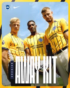 Three Brighton & Hove Albion players in yellow striped kits pose on a sunny football field for a 2024/25 season poster.